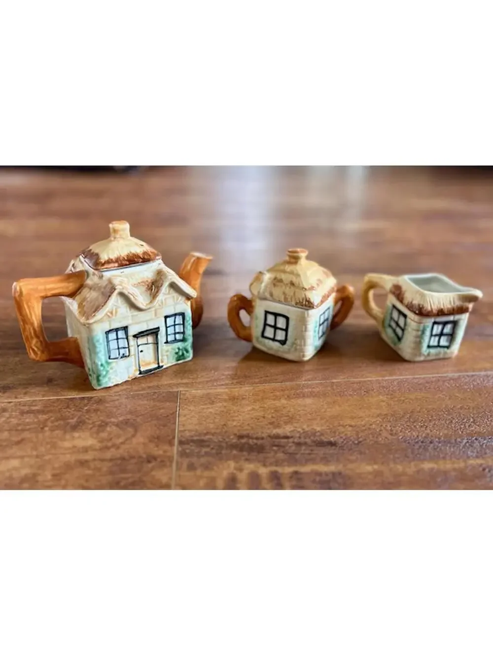 Vintage Ceramic Cottage Style Creamer, Sugar Bowl with Lid, and Teapot Set
